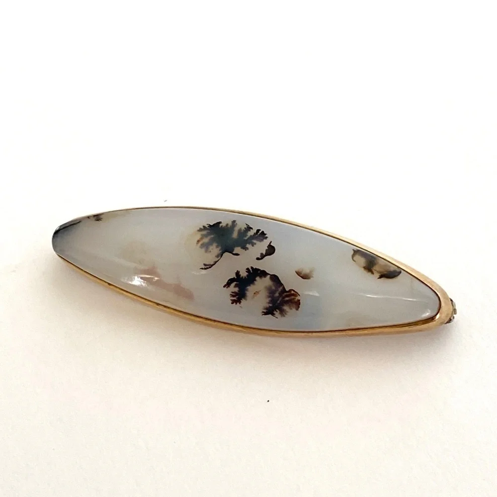 14K Gold Agate Brooch Montana‎ Moss Antique Vintage Art Deco 40s 50s Stone Pin